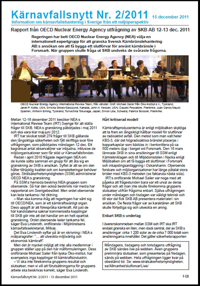 Rapport från OECD Nuclear Energy Agency FSC möte i Gimo 4-6 maj 2011